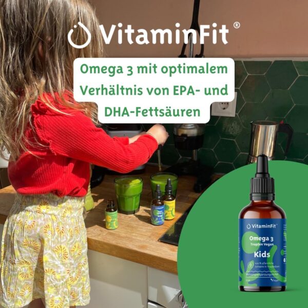 VitaminFit Kinder Omega-3-Tropfen Nahrungsergänzung für Kinder - Flüssig - DHA - EPA - ALA - Fischfrei - 100% Pflanzlich - Vegan - 50 ml – Bild 4