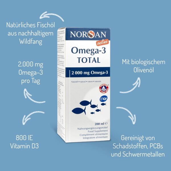 NORSAN Premium Omega 3 Fischöl Total Naturell hochdosiert 2er Pack (2x 200 ml) / 2.000mg Omega 3 pro Portion/Omega 3 Öl 1120mg EPA & 536mg DHA/Omega 3 Premium Öl mit 800 IE Vitamin D3 – Bild 5