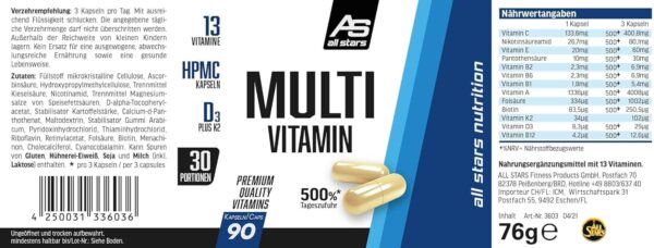 All Stars Multivitamin I 90 Kapseln Multivitamine hochdosiert I Supplement mit Vitamin C + Vitamin B Komplex + Vitamine A, E, K2 & D3 I Vitamin Kapseln vegan & mit wenig Zucker – Bild 3