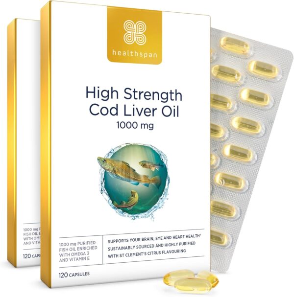 Healthspan Lebertran 1.000 mg | Reich an Omega-3-Fettsäuren DHA & EPA | Vitamin A und D3 | Gehirnfunktion, Augen- und Herzgesundheit | Aus nachhaltigen Quellen (240 Kapsel)