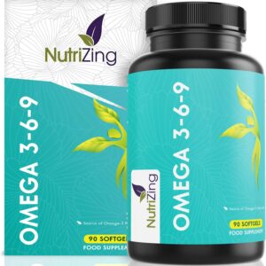NutriZing Omega 3 6 9 verdreifachte Fischöl Komplexe Stärke - 1000mg für Frauen & Männer - 90 Kapseln - Leinsamenöl - EPA und DHA tragen zur normalen Funktion des Herzens bei