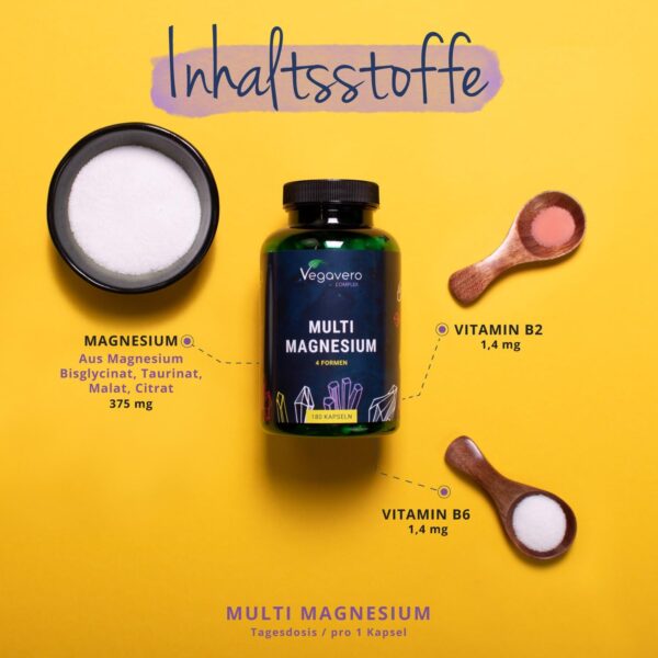 Magnesium Komplex Vegavero® | Mit 4 bioaktiven Formen: Bisglycinat, Taurat, Malat & Citrat | 375 mg & elementar | Vegan & Ohne Zusätze | 180 Kapseln – Bild 4