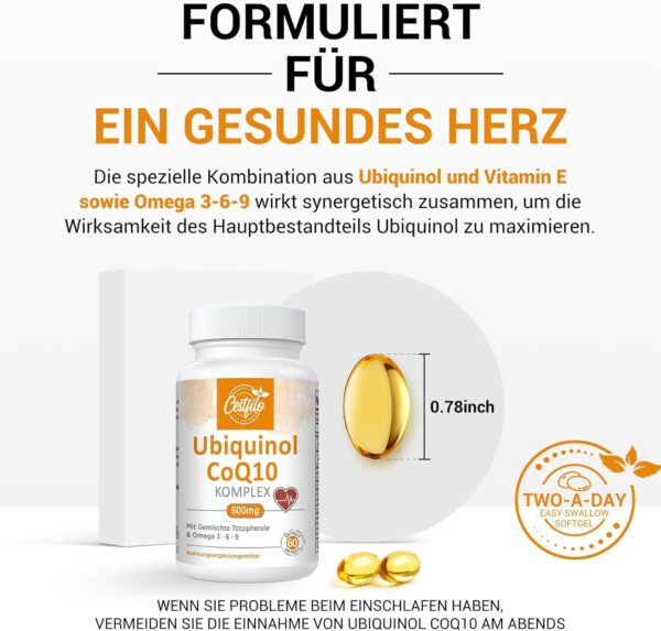 Ubiquinol CoQ10 600 mg Softgelkapseln - Aktive Form von CoQ10 Plus Vitamin E & Omega 3 6 9 - Fortschrittliches Coenzym Q10 60 stück (1er Pack) – Bild 5