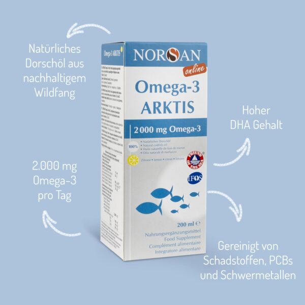 NORSAN Premium Omega-3 Arktis Dorschöl hochdosiert 2x 200 ml / 2.000 mg Omega-3 pro Portion mit Zitronengeschmack/Omega-3 Öl mit EPA & DHA/Omega-3 Premium Öl mit 800 IE Vitamin D3 – Bild 5