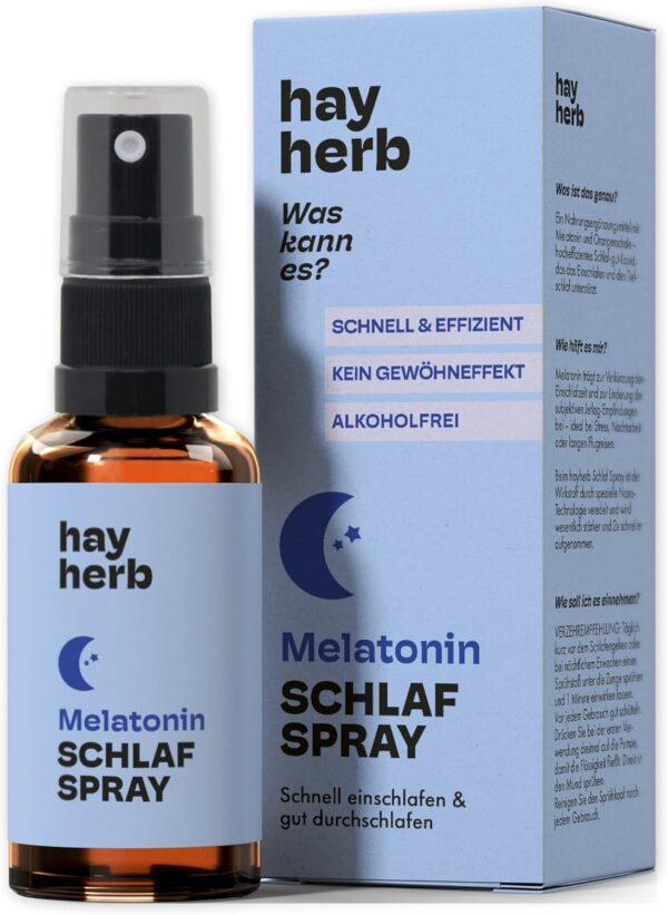 Melatonin Spray von Hay Herb | Schnell & Effizient durch Nano-Technologie | 30ml für über 7 Monate - ohne Gewöhneffekt und natürlich alkoholfrei | Schnell einschlafen, gut durchschlafen
