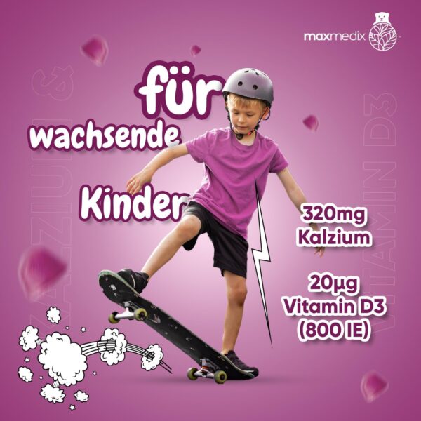 Calcium & Vitamin D3 Gummibärchen für Kinder - 90 vegetarische Gummies - 320 mg Kalzium & 800 IE Vitamin D3 - Für Immunsystem, Stoffwechsel & Knochen (EFSA) - Erdbeere & Vanille Geschmack - maxmedix – Bild 2