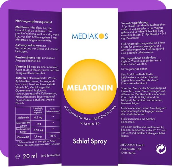 Mediakos® Melatonin Einschlafspray mit Ashwagandha (20ml) - Hochdosiertes Melatonin Spray mit Passionsblume & Vitamin B6 - Schlafspray für direkte & kontaktlose Anwendung - Pfirsich-Geschmack – Bild 7