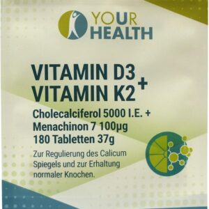 uHealth Vitamin D3 (5000 I.E.) + VITAMIN K2 (100µg), 180 Tabletten Cholecalciferol, Menachinon7 MK7