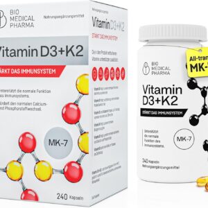 Vitamin D3 K2 MK-7 Hochdosiert – 240 Softgel Kapseln – 5000 IE Vitamin D und 100mcg Vitamin K2 MK7 – Hohe Bioverfügbarkeit mit Leinöl – Unterstützt Immunsystem und Knochen – Ohne Zusätze