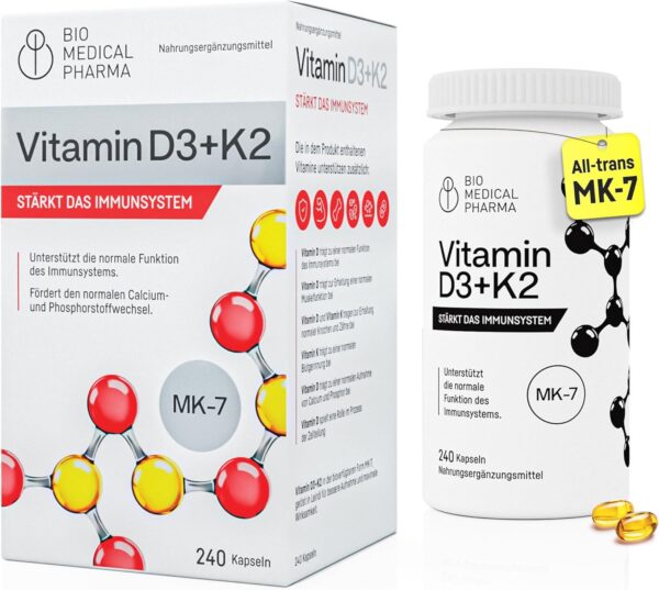 Vitamin D3 K2 MK-7 Hochdosiert – 240 Softgel Kapseln – 5000 IE Vitamin D und 100mcg Vitamin K2 MK7 – Hohe Bioverfügbarkeit mit Leinöl – Unterstützt Immunsystem und Knochen – Ohne Zusätze