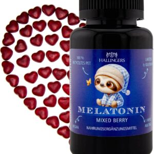 Hallingers Melatonin Kinder - Vitaminherzen Mixed Berry 60 vegane Gummies mit Melatonin hochdosiert, 0,5 mg pro Herz (Dose) - Ostergeschenke Osterkörbchen Ostereier & als Osterdeko | Geburtstag Glückw