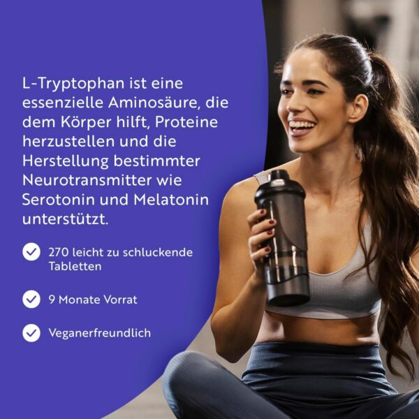 L-Tryptophan 500mg Hochdosiert - 270 Vegane Tabletten - Aus Pflanzlicher Fermentation - Premium Qualität L Tryptophan - Ohne Synthetische Bindemittel und Füllstoffe - Hergestellt von Nutravita – Bild 2