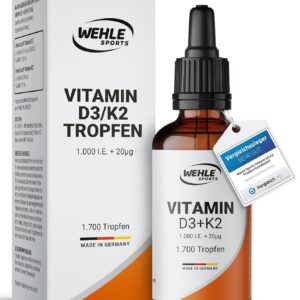Vitamin D3 K2 Tropfen Hochdosiert [1000 IE] - Vit D3 K2 Hochdosiert - Vitamin D K2 - Vitamin D3 K2 Öl - Vitamin D3 K2 1000 IE - 50ml 1700 Tropfen - Hoch Bioverfügbar - LABORGEPRÜFT Wehle Sports®