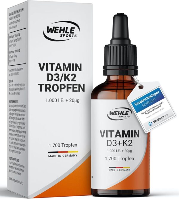 Vitamin D3 K2 Tropfen Hochdosiert [1000 IE] - Vit D3 K2 Hochdosiert - Vitamin D K2 - Vitamin D3 K2 Öl - Vitamin D3 K2 1000 IE - 50ml 1700 Tropfen - Hoch Bioverfügbar - LABORGEPRÜFT Wehle Sports®