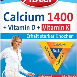 Abtei Calcium 1400 + D + K - hochdosiert - Mit Vitamin D und Vitamin K - Zum Erhalt gesunder Knochen und Muskelfuktion - Orangengeschmack, 30 Kautabletten