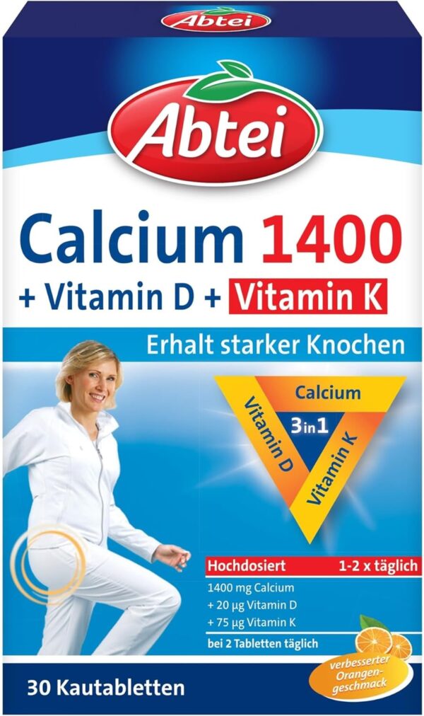 Abtei Calcium 1400 + D + K - hochdosiert - Mit Vitamin D und Vitamin K - Zum Erhalt gesunder Knochen und Muskelfuktion - Orangengeschmack, 30 Kautabletten