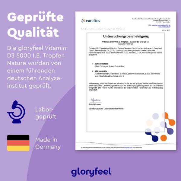 Vitamin D3 5000 I.E. pro Tropfen, Hochdosiert - 50ml (flüssig) in MCT-Öl aus Kokos - Vitamin D3 Tropfen hoch bioverfügbar und stabil - Laborgeprüft, ohne Zusätze in Deutschland hergestellt – Bild 7