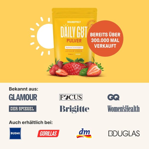 BRAINEFFECT DAILY GUT - Leckeres Bakterienstämme Getränkepulver mit Ballastoff und Vitamine B6 + B12 (1, Erdbeere) – Bild 6