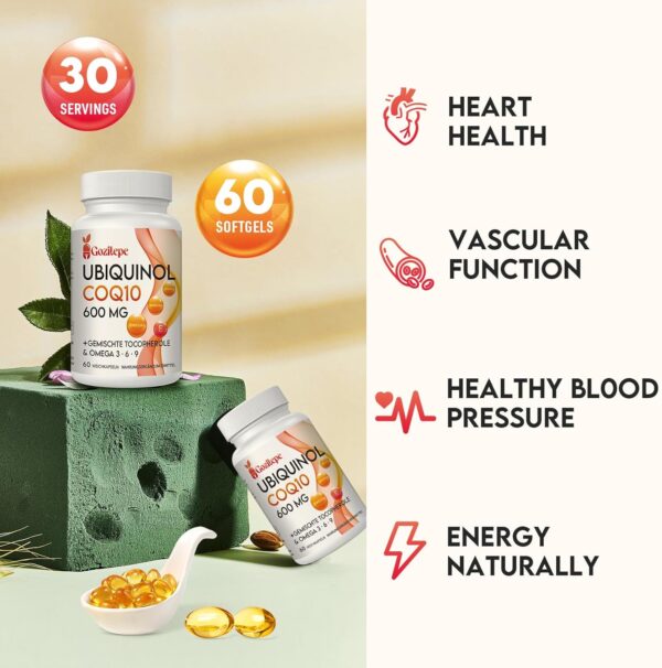 Ubiquinol CoQ10 600 mg Weichkapseln mit Omega 3, 6, 9 und Vitamin E, 30 Portionen Coenzym Q10 (aktive Form) Ergänzung, Höhere Absorption (60 stück (1er Pack)) – Bild 4