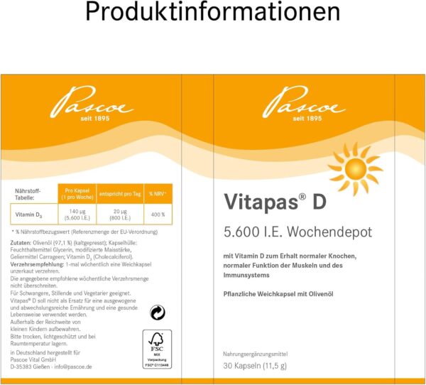 Vitapas D: 5.600 I.E. Vitamin D3 als Wochendepot – 30 pflanzliche Weichkapseln für Immunsystem, Muskeln & Knochen, vegetarisch, 30 Kapseln – Bild 7