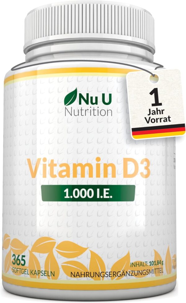 Vitamin D3 1.000 I.E. hochdosiert | für Knochen, Zähne & Immunsystem | Jahresversorgung | 100% Geld-zurück-Garantie | 365 Softgel-Kapseln | Nahrungsergänzungsmittel von Nu U Nutrition