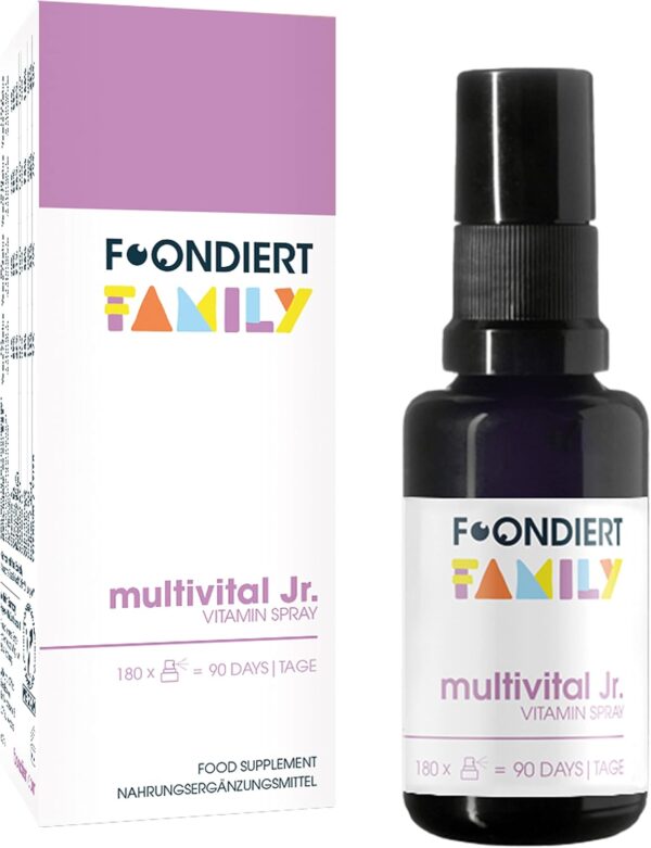 Foondiert ® - Multivital Spray Junior – Bioaktiver Vitamin und Mineralien Komplex für Kinder als praktisches Spray. Einfache Einnahme ohne Zucker mit Orangengeschmack.