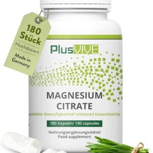 PlusVive Magnesiumcitrat Kapseln hochdosiert I 1x 180 Kapseln I 700mg Trimagnesiumdicitrat & 120mg reines Magnesium pro Kapsel I mit Papain & Spirulina I Nahrungsergänzungsmittel vegan & laborgeprüft