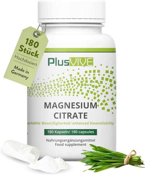 PlusVive Magnesiumcitrat Kapseln hochdosiert I 1x 180 Kapseln I 700mg Trimagnesiumdicitrat & 120mg reines Magnesium pro Kapsel I mit Papain & Spirulina I Nahrungsergänzungsmittel vegan & laborgeprüft