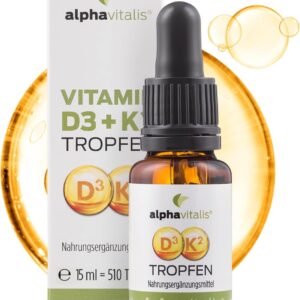 Vitamin D3 K2 Tropfen optimal dosiert - 1000 IE - K2 aus MK7 99,7% ALL TRANS in MCT-Öl für optimale Aufnahme - 15ml - optimale Bioverfügbarkeit - alphavitalis Nahrungsergänzungsmittel