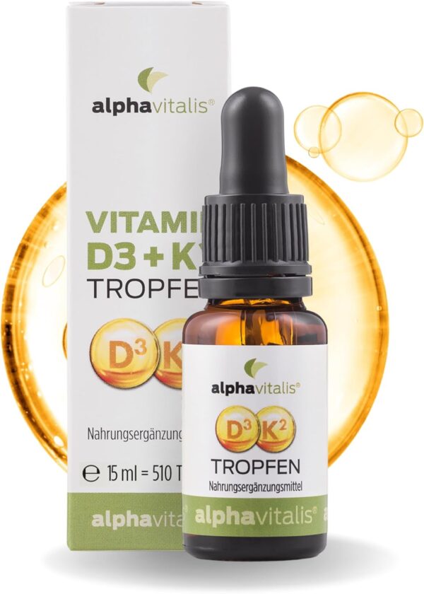 Vitamin D3 K2 Tropfen optimal dosiert - 1000 IE - K2 aus MK7 99,7% ALL TRANS in MCT-Öl für optimale Aufnahme - 15ml - optimale Bioverfügbarkeit - alphavitalis Nahrungsergänzungsmittel