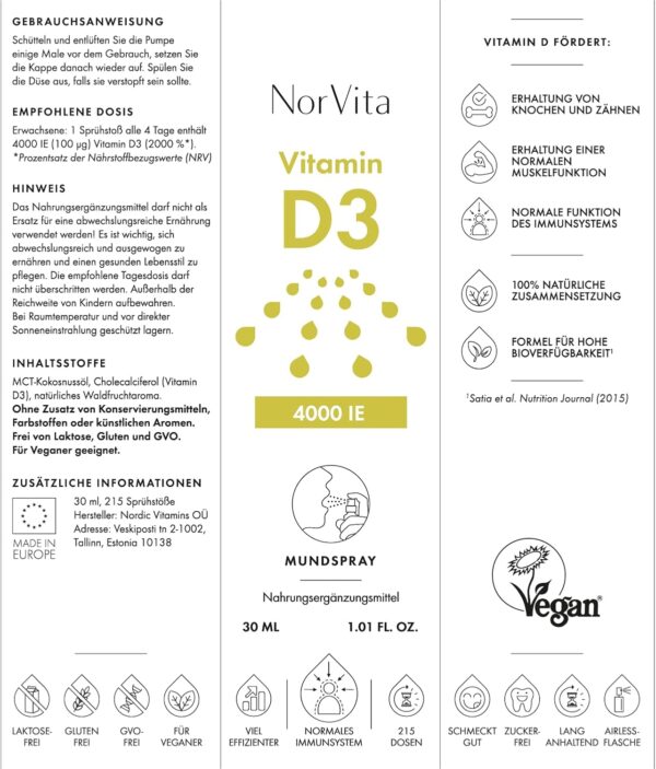 NorVita Vitamin D3 Spray 4000 IE – Nur ein Sprühstoß alle 4 Tage, hochdosiert, vegan, hohe Bioverfügbarkeit – Natürliches Waldfruchtaroma, ohne Zusatz von Konservierungsmitteln oder künstlichen Aromen – Bild 7