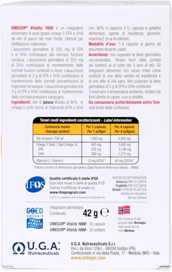 Omegor Vitality 1000 – Nahrungsergänzungsmittel mit 90% Omega 3 in Triglyceridform – Vitamin E – Für ein gesundes Herz, Sehvermögen und Gehirn – IFOS-zertifiziert – Ohne Nachgeschmack – 2 x 30 Kp – Bild 2