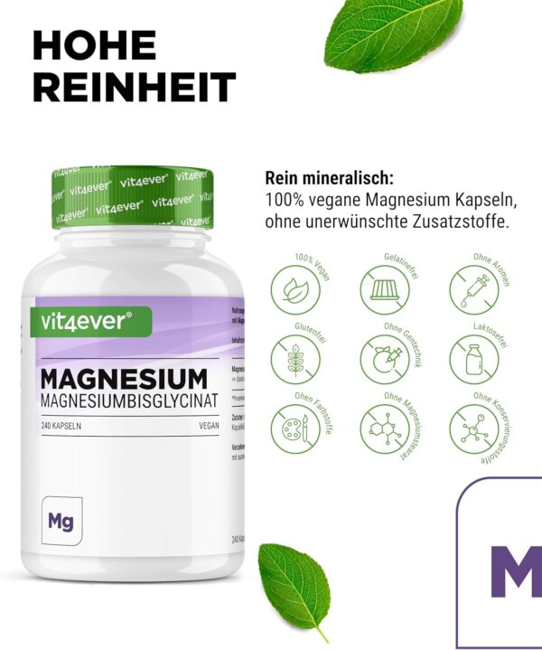 Magnesiumbisglycinat - 240 Kapseln - Premium: Chelatiertes Magnesium - 155 mg elementares Magnesium pro Kapsel - Laborgeprüft - Vegan - Hochdosiert – Bild 3
