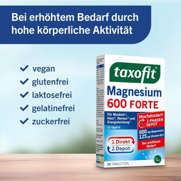 taxofit Magnesium 600 Forte | 5 x30 Tabletten hochdosiertes Magnesium 600mg + Vitamin B1+B6+B12 | Magnesiumoxid & Magnesiumcarbonat | für Muskeln¹, Herz² & Energie⁴ | Magnesium Versorgung für 30 Tage – Bild 5