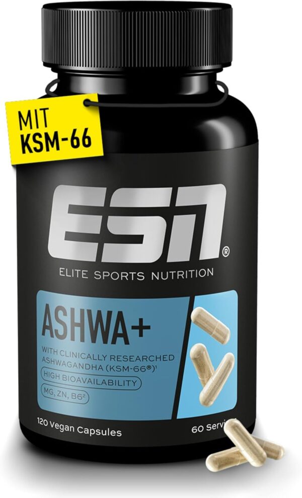 ESN Ashwa +, patentierter Ashwagandha Wurzelextrakt KSM-66®, 120 Kapseln, indische Schlafbeere, mit Magnesium, Vitamin B6 & Zink, vegan - made in Germany