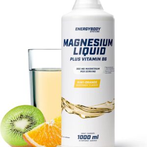 Energybody Magnesium Liquid Kiwi-Orange 1L / Magnesium Flüssig hochdosiert 300 mg pro Portion/Flüssiges Magnesium mit Vitamin B6, B1 & Niacin für den Energiestoffwechsel