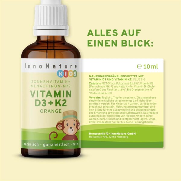 InnoNature Vitamin D3+K2 Kids Tropfen, Orange | mit Vitamin D für normales Wachstum, Entwicklung der Knochen & Immunsystem | 10ml, vegan – Bild 7
