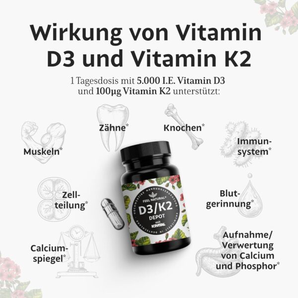 Vitamin D3 + K2 Depot - 180 Tabletten - 99,7+% All-Trans MK7 (K2VITAL®) - Hochdosiert: 5000 I.E. Vitamin D3 & 100 mcg Vitamin K2 pro Tablette - Laborgeprüft, in Deutschland produziert – Bild 2