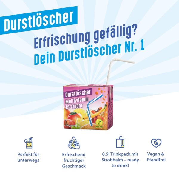 Durstlöscher Multivitamin: Erfrischungsgetränk mit Fruchtsaft aus 12 Früchten, Pfandfreies Trinkpäckchen, Vegan, Fruchtsaftgetränk ohne Kohlensäure, Ideal Für Unterwegs & Zuhause, 12 x 500 ml – Bild 2
