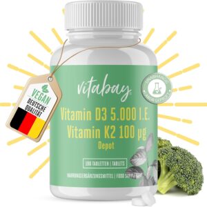 Vitabay Vitamin D3 K2 5000 IE - 180 Vegane Tabletten Vitamin D Hochdosiert - D3K2 Sonnenvitamine - Vit K2 D3 als Unterstützung für Immunsystem, Zähne, Knochen und Muskeln - Laborgeprüft