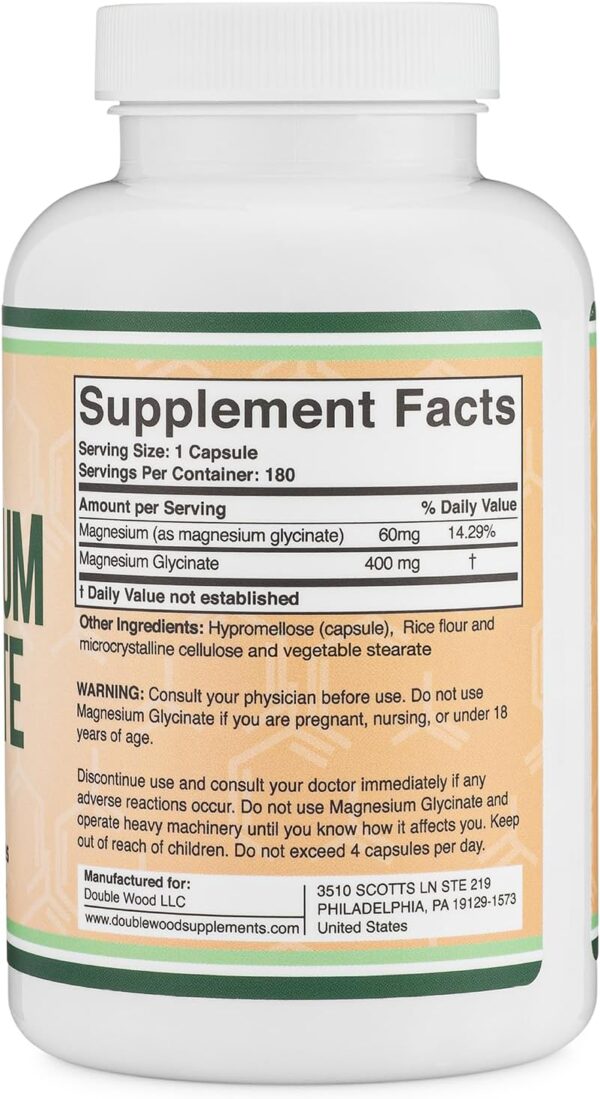 Magnesium Glycinate 400mg, 180 Capsules (Vegan Safe, Manufactured and Third Party Tested in The USA, Gluten Free, Non-GMO) High Absorption Magnesium by Double Wood Supplements – Bild 6