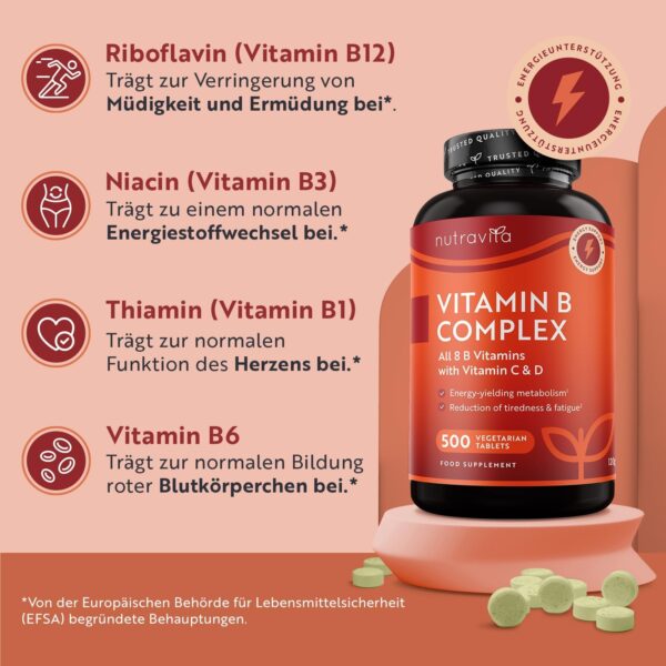 Vitamin B Komplex mit Vitamin C + D + Biotin - 500 Tabletten für +1 Jahr Vorat, Stoffwechsel, Psychische Funktion, Nervensystem (EFSA) - Nutravita – Bild 2
