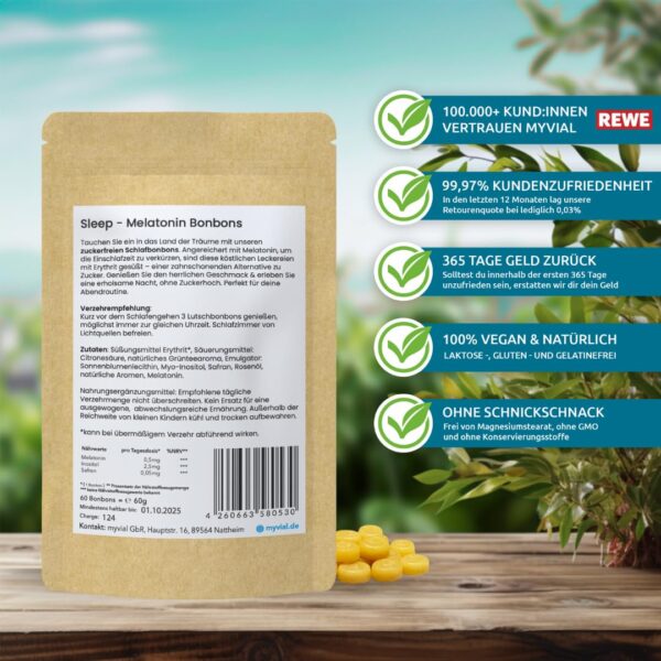 Sleep Melatonin Bonbons zuckerfrei 60 Stück Lutschbonbon ohne Zucker Alternative zu Melatonin Kapseln & Melatonin Gummis vegan produziert in Deutschland – Bild 5