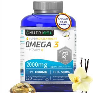 Omega 3 Kapseln Hochdosiert - 2000mg pro 2 Kapseln, 1000mg EPA & 500mg DHA - Mit Vitaminen E und Vanille-Geschmack - Unterstützt Herz, Gehirn & Sehkraft - Molekular Destilliert - 120 Kapseln