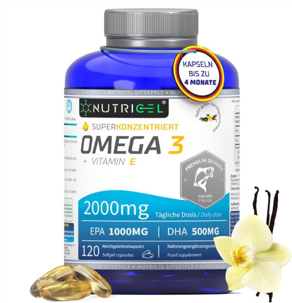 Omega 3 Kapseln Hochdosiert - 2000mg pro 2 Kapseln, 1000mg EPA & 500mg DHA - Mit Vitaminen E und Vanille-Geschmack - Unterstützt Herz, Gehirn & Sehkraft - Molekular Destilliert - 120 Kapseln