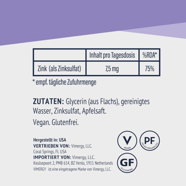 Vimergy Zink Tropfen 115 ml – 57 Portionen– Flüssiges Zink Hochdosiert – Antioxidans – Kein Raffinierter Zucker – Glutenfrei ohne Gentechnik Koscher Vegan Keto/Paleo Ernährung Geeignet – Bild 5
