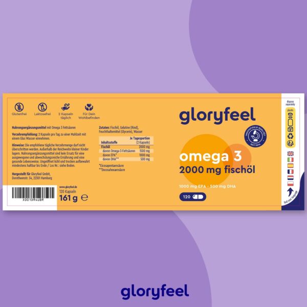 Omega 3 Kapseln - Hochdosiert mit 2000mg Fischöl, 1000mg EPA & 500mg DHA pro Tagesdosis (in Triglycerid-Form) - Essentielle Fettsäuren aus Anchovis - Laborgeprüft in Deutschland hergestellt – Bild 2