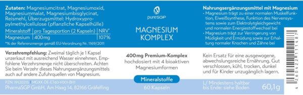 pureSGP Magnesium Komplex - 400 mg reines Premium Magnesium aus 4 hochwertigen Magnesiumformen. Pharmazeutische Expertise aus Deutschland. Hohe Bioverfügbarkeit. Labor geprüft, hochdosiert. Vegan – Bild 2