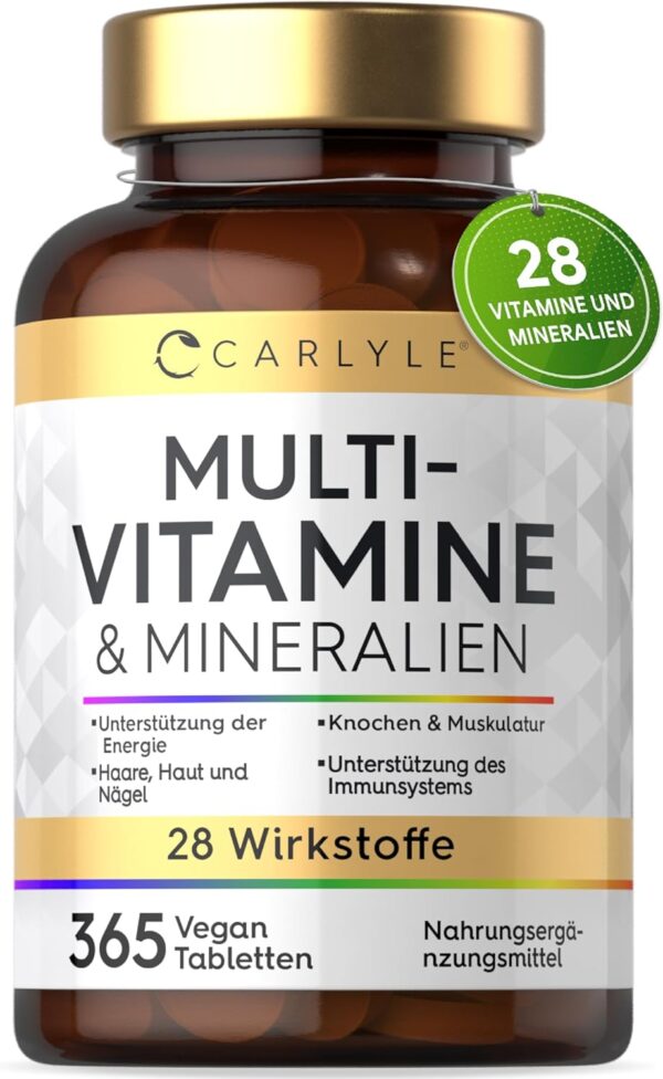 Multivitamin Tabletten Hochdosiert mit 28 Vitamine & Mineralien | 365 Vegane Stk | Immunsystem & Blutdruck (EFSA) | Nahrungsergänzungsmittel Frauen & Männer | Mineralstoffe Komplex | von Carlyle