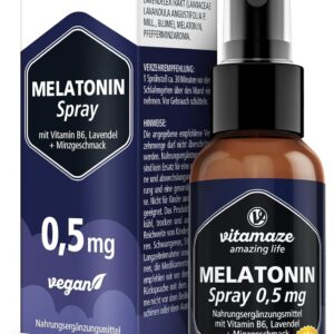 Melatonin Spray hochdosiert & vegan, 0,5 mg Melatonin pro Tagesdosis, 30 ml für 6 Monate, mit Lavendel Extrakt, Vitamin B6 und Minz Geschmack